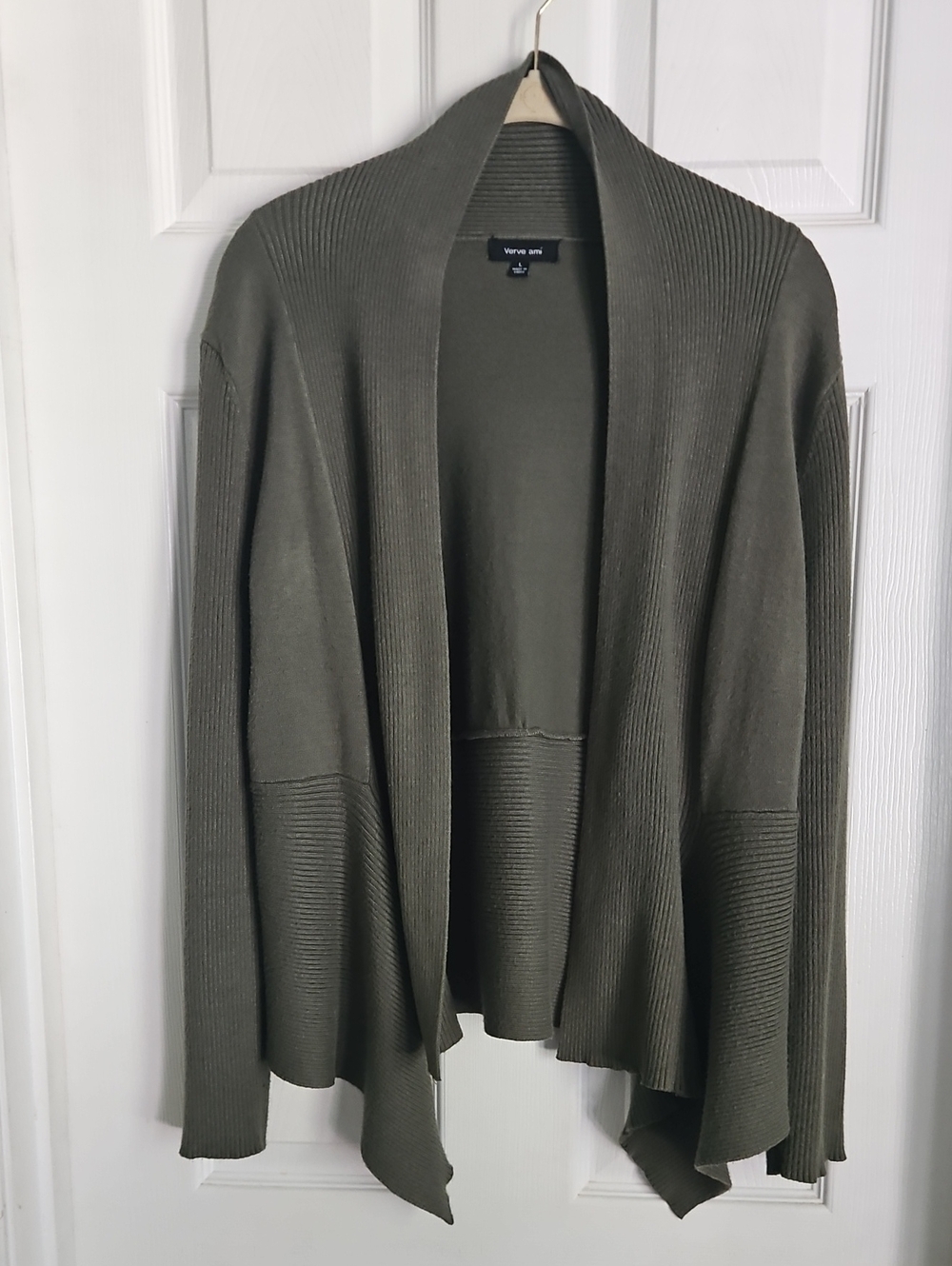 Verve Ami Olive Open-Front Ribbed Knit Cardigan Large, Cute Fit